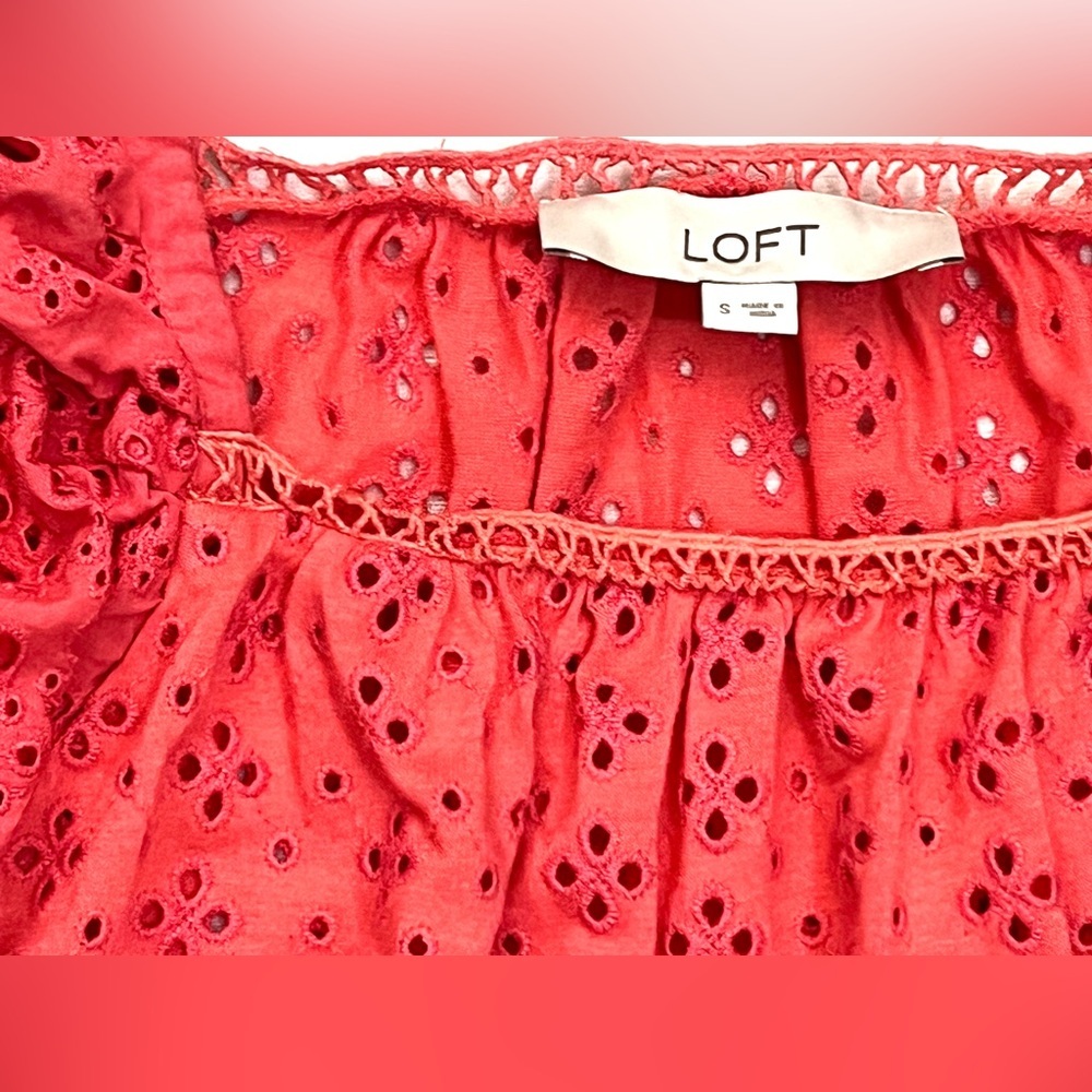 LOFT Women’s Coral Colored Eyelet Sleeveless Blouse with Ruffle Detail Sz Small - Picture 6 of 12
